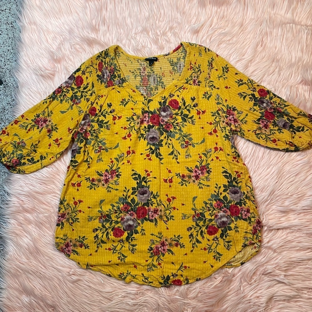 Torrid Top Women's Blouse Mustard Rose Floral‎ Print Smocked 3/4 Sleeve 2X
